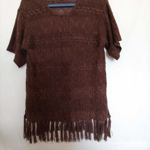 Ariat light weight chocolate brown knit short sleeve sweater with fringe sz s/m - Picture 2 of 12